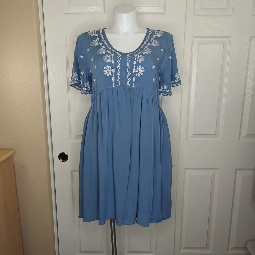 Polagram embroidered floral boho short sleeve dress sz L - Picture 2 of 10